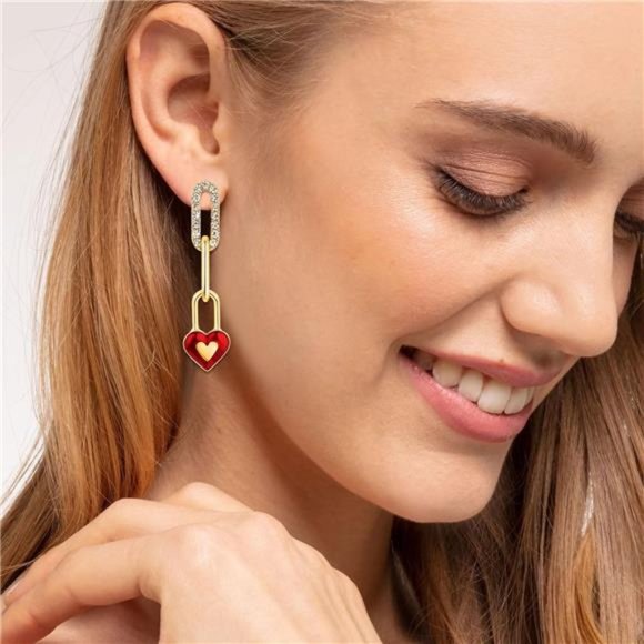 Gold Linked Red Heart Dangle Earrings for Women Girls - Picture 4 of 7